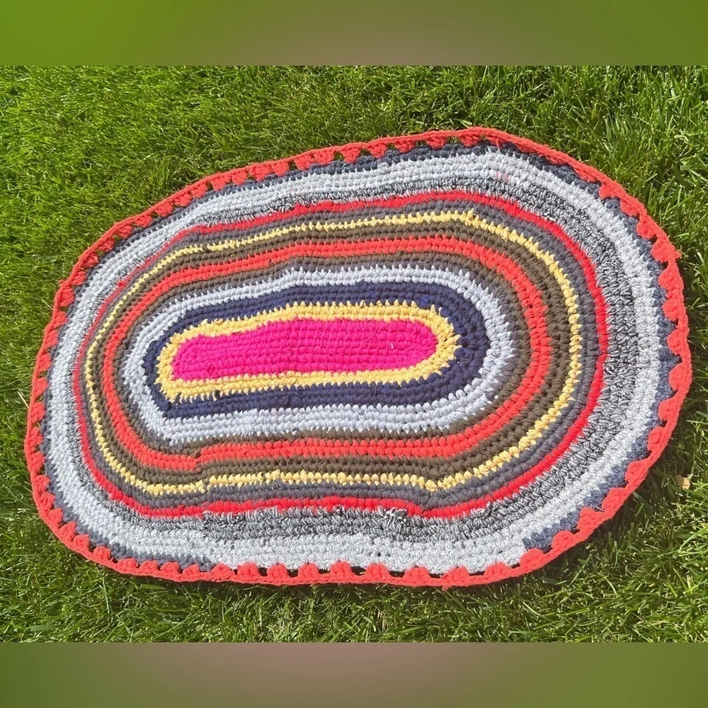 HANDMADE crochet upcycled recycled multicolor colorful bohemian mat 35